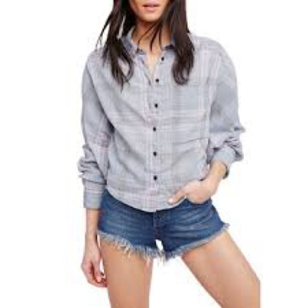 FREE PEOPLE Cutie Plaid Button Front Top Blue Crinkled Cotton Medium